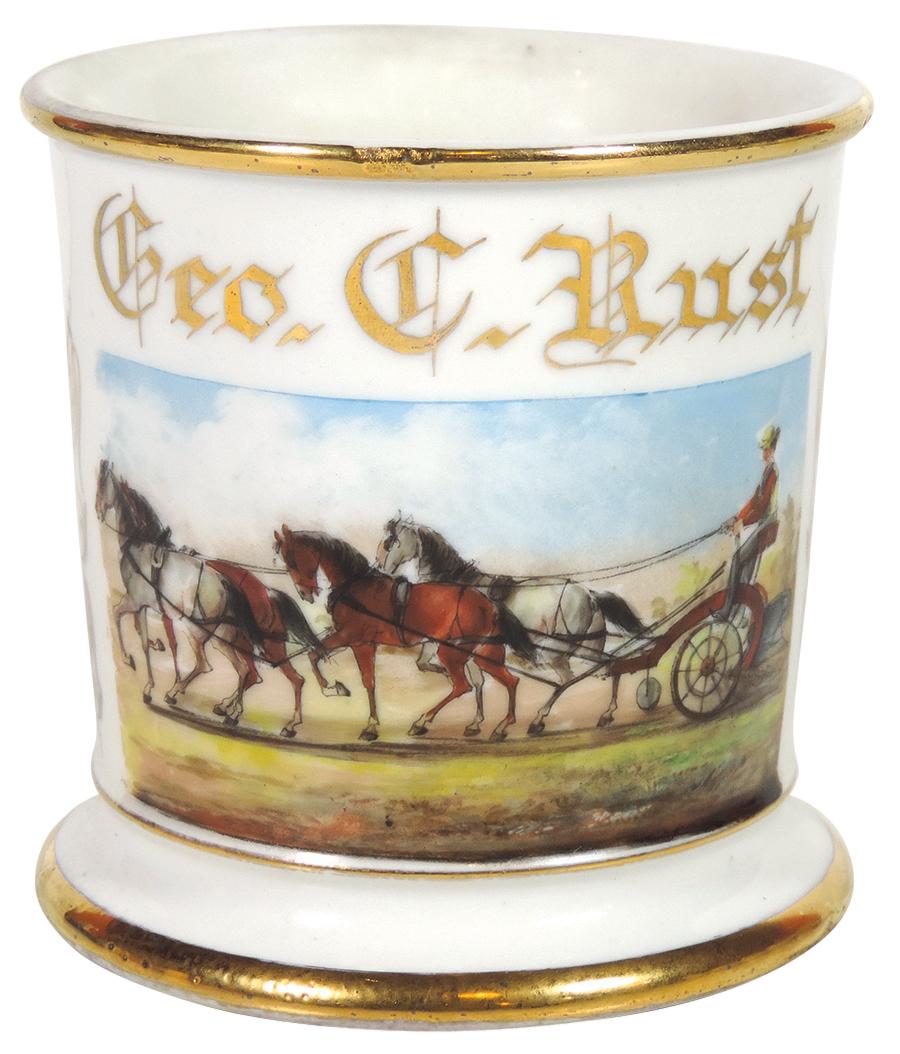 Occupational Shaving Mug, Farmer, 4-Team Horse Drawn: Occupational Shaving Mug, Farmer, 4-Team Horse Drawn Primitive Plow, bottom double stamped E.H. Mfg-Minneapolis & W.G. & Co. Limoges France, wonderfully detailed image, personalized Geo. C. Rust, Near