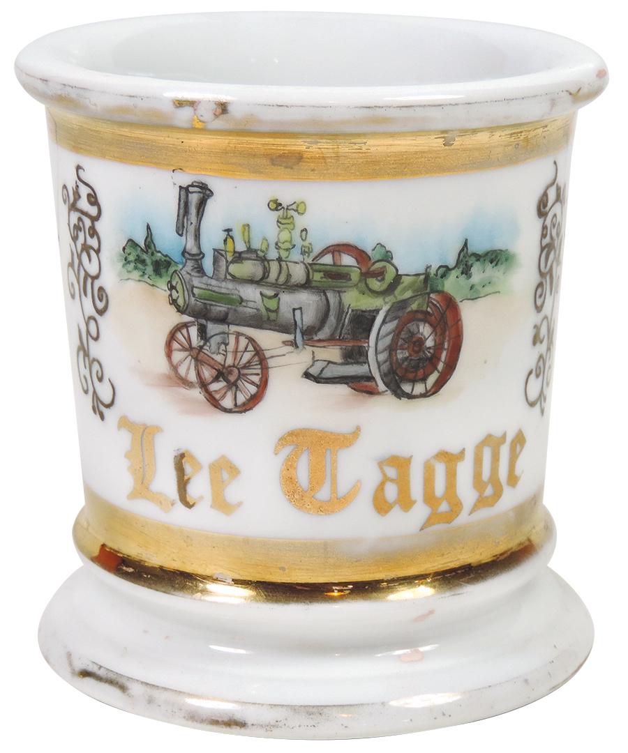 Occupational Shaving Mug, Steam Tractor, bottom: Occupational Shaving Mug, Steam Tractor, bottom impressed Germany, personalized Lee Cagge, gold paint wear on top & bottom bands, o/wise Exc cond, 4"H.