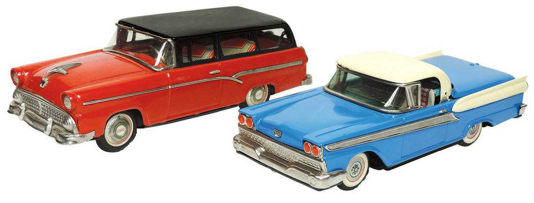 Toy Model Automobiles (2), 1950's Ford Fairlane 500: Toy Model Automobiles (2), 1950's Ford Fairlane 500 Skyliner, Japan tin friction & Bandai Ford Parklane Station Wagon, Fairlane in Exc+ cond, Wagon is Near-Mint. 11"L.