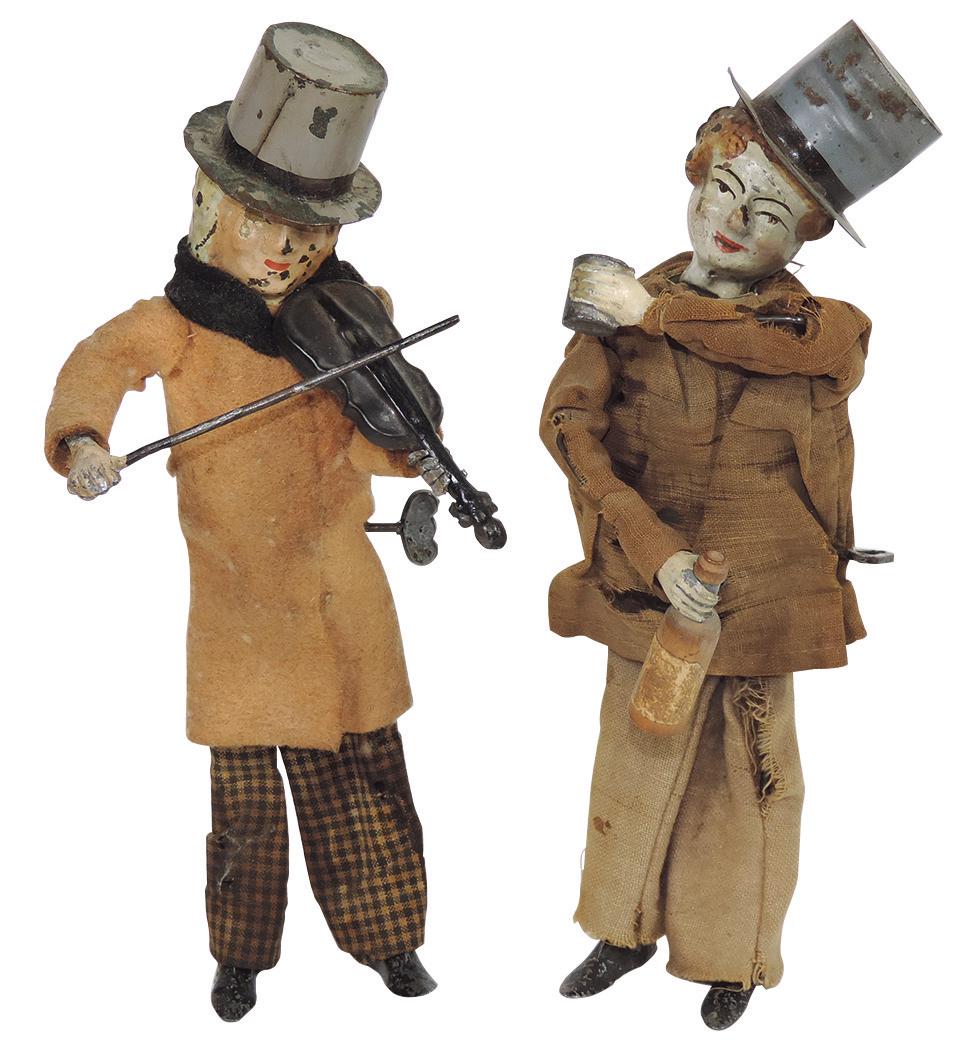 Toy Clockwork Characters (2), Fernand Martin, French: Toy Clockwork Characters (2), Fernand Martin, French circa 1890, "Drunkard" and "Merry Violinist", both in Good working cond w/paint flakes & clothing wear/loss due to age, 8"H.