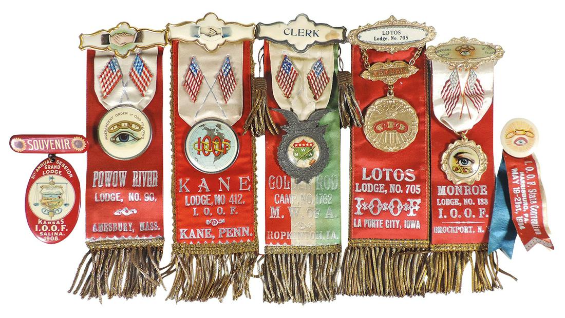 Fraternal Items (7), ribbons & misc for Odd Fellows &: Fraternal Items (7), ribbons & misc for Odd Fellows & other fraternal groups, c.1900, all in VG cond, up to 9.5"H.