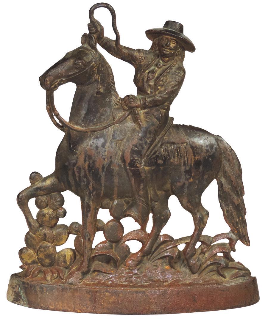 Western Buffalo Bill Door Stop, cast iron w/"Pat.: Western Buffalo Bill Door Stop, cast iron w/"Pat. apld. for" on back, VG cond w/some wear on finish & some oxidation, 12.25"H x 10.5"W.