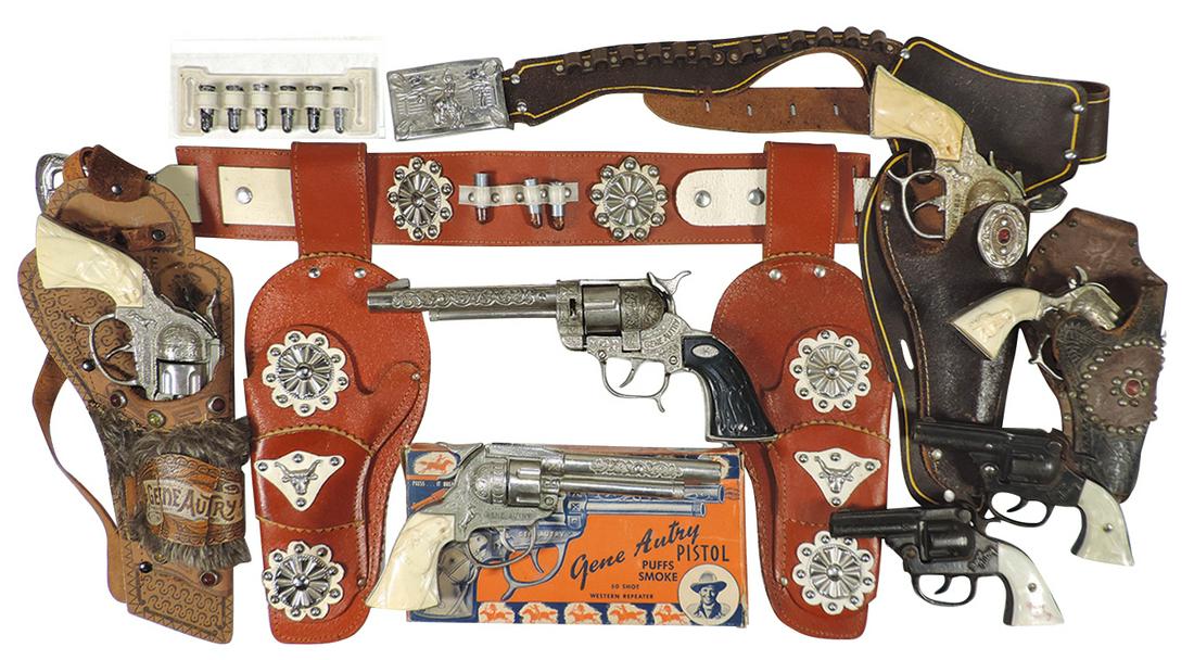 Western Cowboy Gene Autry Holsters & Guns (7),: Western Cowboy Gene Autry Holsters & Guns (7), 1950's-60's, nice unnamed double holster, G.A. cap pistol in box by Leslie Henry Co., 2 matching G.A. snub nose pistols, G.A."44", single G.A. fur trimme