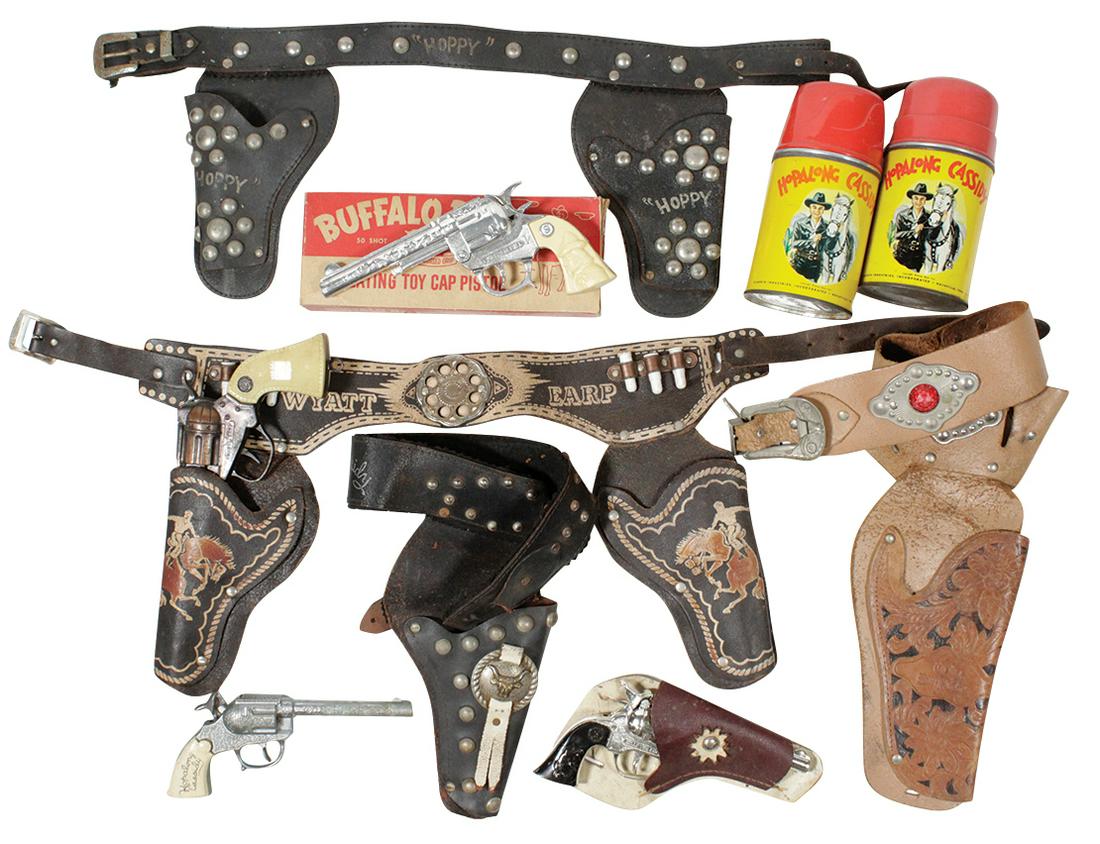 Western TV Characters Holsters, Guns & Thermos (11),: Western TV Characters Holsters, Guns & Thermos (11), Hopalong Cassidy studded double leather holster w/one pistol & two thermos, Hoppy single holster, Wild Bill Hickok tooled single holster, a beltles