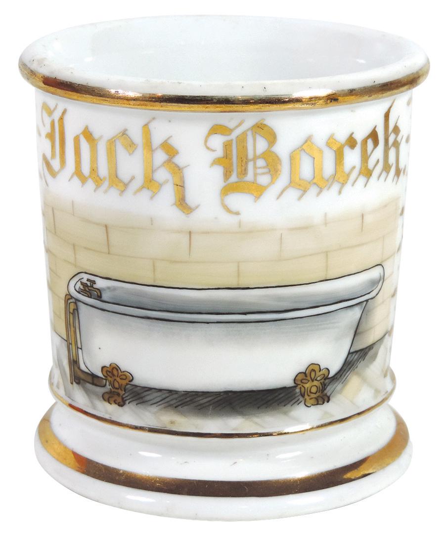 Occupational Shaving Mug, Plumber or Bath Fixture: Occupational Shaving Mug, Plumber or Bath Fixture Salesman, early bathtub w/claw feet, unmarked bottom, personalized Jack Barek, old crowsfoot on bottom & some possible early in-painting on blue wrap,