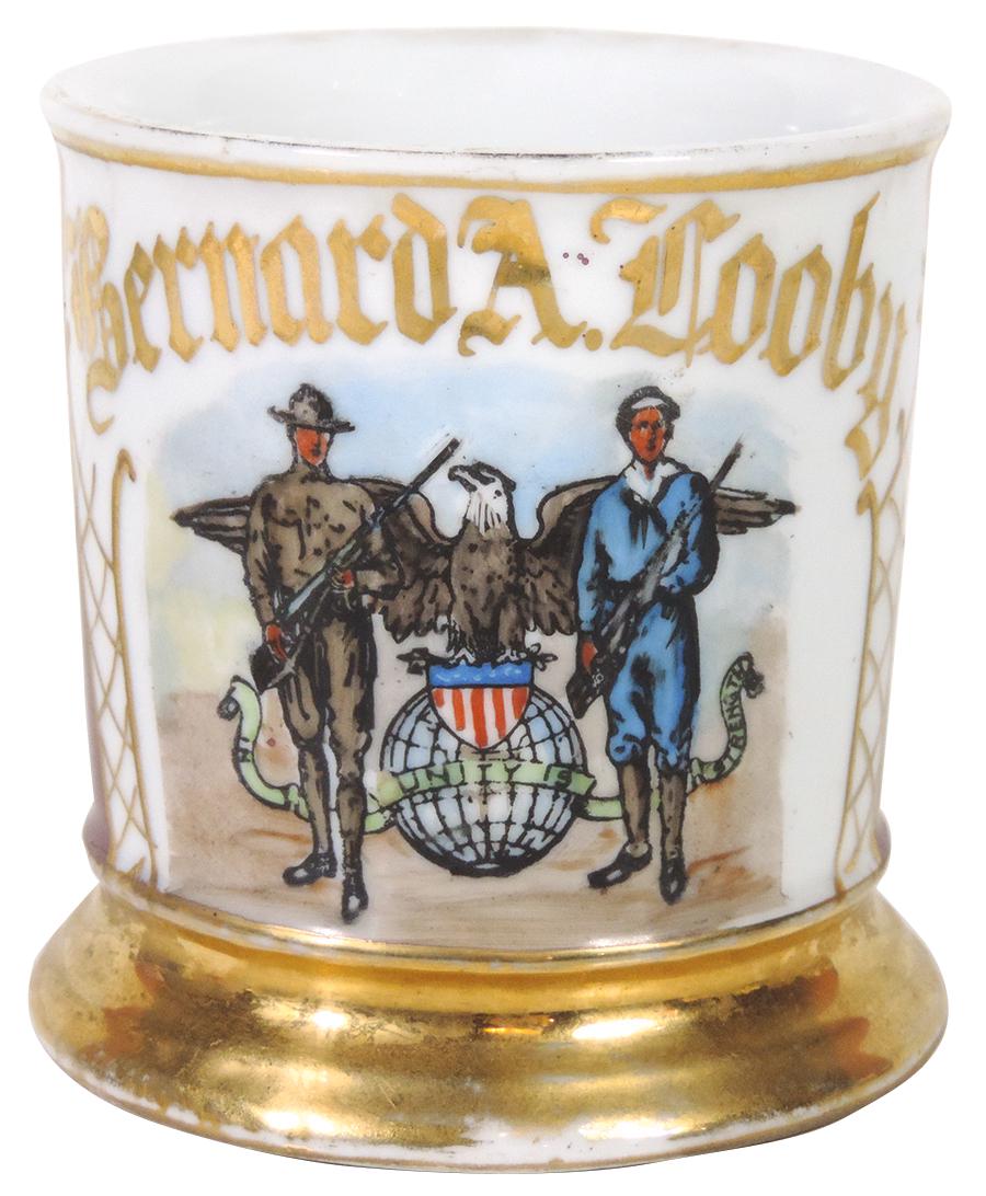 Occupational Shaving Mug, Soldier & Sailor WWI, bottom: Occupational Shaving Mug, Soldier & Sailor WWI, bottom stamped Germany, personalized Bernard A. Looby, great image w/burgundy wrap, Exc cond w/some loss on gold bands, 3.75"H.