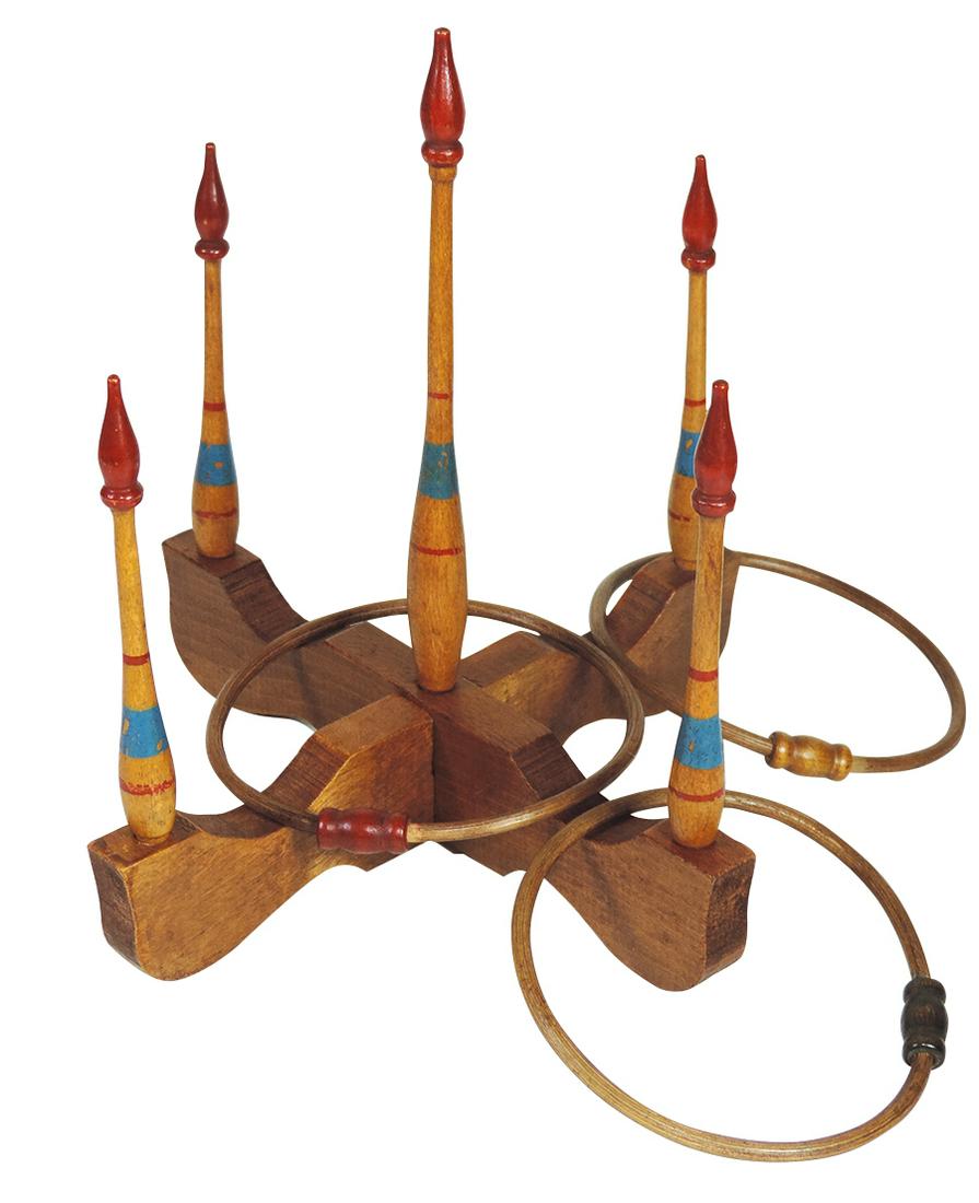 Toy Ring Toss Game, Milton Bradley "Pitch-A-Ring",: Toy Ring Toss Game, Milton Bradley "Pitch-A-Ring", c.1884, turned & polychrome wood, 2-pc free standing base w/3 bentwood rings. Exc cond, 10"H x 10"W.