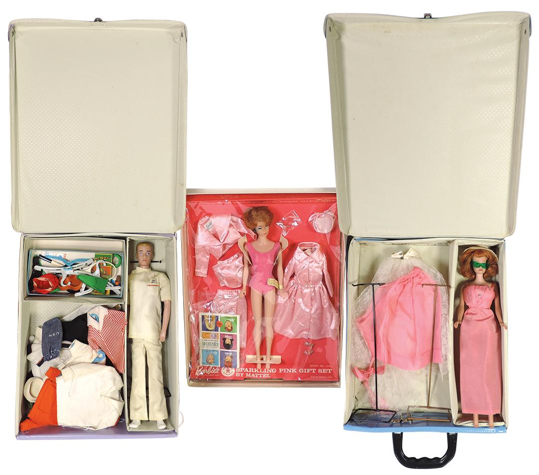 Toy Barbie & Ken dolls (3), Mattel Barbie Sparkling: Toy Barbie & Ken dolls (3), Mattel Barbie Sparkling Pink Gift Set w/Red Haired Barbie, Stock No. 1011, MIB, c.1964, Ken, marked Pat. Pend 1960 in suitcase marked Mattel 1962, dressed as a soda jerk w/