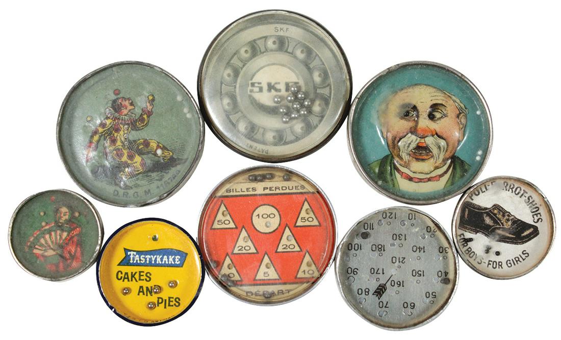 Toy Dexterity Puzzles (8), mostly German litho, old man: Toy Dexterity Puzzles (8), mostly German litho, old man adv American Supply House, clown/juggler, SKF bearings, Japanese Geisha, Poll Parrot Shoes & others, some w/mirrored backs, most in VG cond, lar