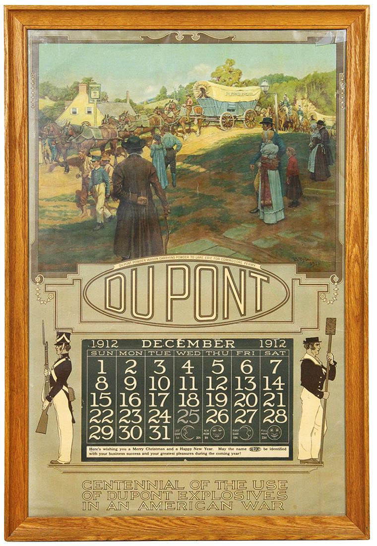 Hunting Du Pont Powder Calendar, c.1912, War of 1812: Hunting Du Pont Powder Calendar, c.1912, War of 1812 Centennial print w/illustration by Howard Pyle, framed, VG cond, 32.5"H x 22"W.