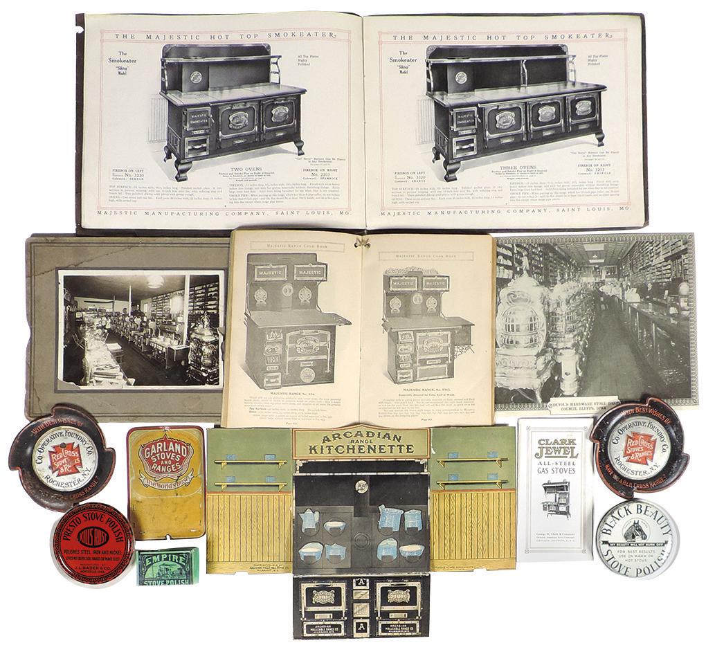 Stove Advertising Items (24), period hardware store: Stove Advertising Items (24), period hardware store interior photo, litho on tin trays, polish cans, pamphlets & cook books, "Des Moines Stove Repair" glass paperweight, "Garland Stoves" turtle ashtra