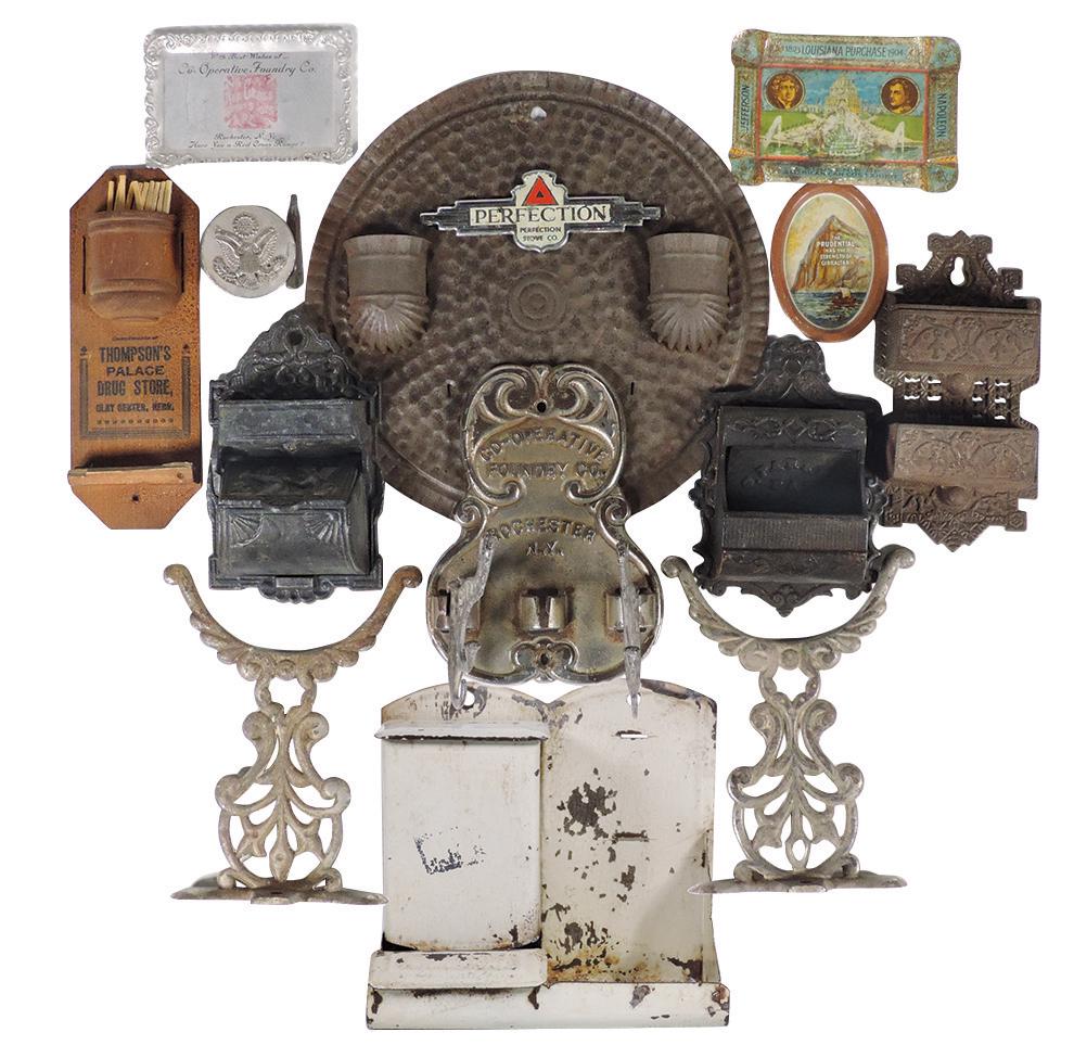 Stove Items, Match holder & Misc. (13), cast iron, tin: Stove Items, Match holder & Misc. (13), cast iron, tin & wood, 3 period cast iron safes, one w/embossed Girl & Cupid, tin flue cover match holder w/"Perfection Stoves" enameled plaque, "Thompson’s P