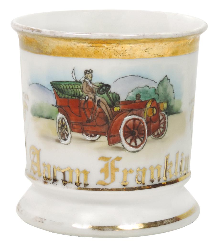 Occupational Shaving Mug, Touring Car w/Driver, bottom: Occupational Shaving Mug, Touring Car w/Driver, bottom stamped Germany, personalized Aaron Franklin, nice detail, Exc cond w/some wear on gold bands,3 5.8"H.