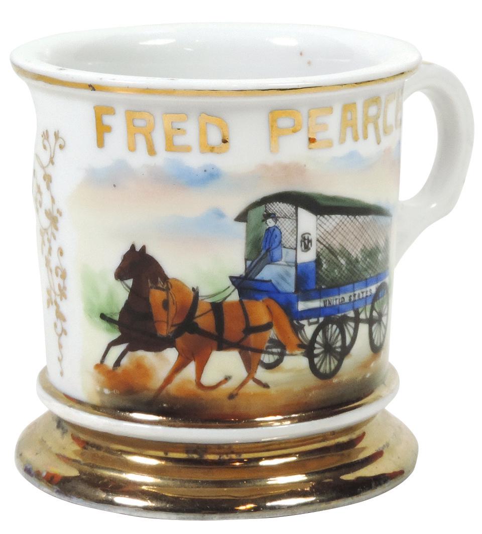 Occupational Shaving Mug, U.S. Mail Wagon, colorful: Occupational Shaving Mug, U.S. Mail Wagon, colorful horse-drawn delivery wagon, bottom stamped August Kern Barber Supply Co.-St. Louis, Exc to Near-Mint cond w/very minor loss on bottom gold band, 3 5