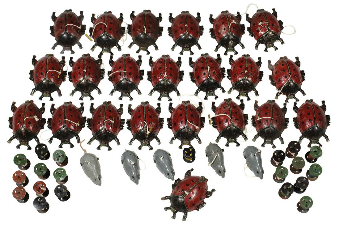 Toy Pull Toys (27), 22 German beetles w/spooled string: Toy Pull Toys (27), 22 German beetles w/spooled string wheels & 5 similar mice, c.1910 litho on diecut tin, most likely unused old stock w/storage wear to paint, 3.5"L x 2.5"W.