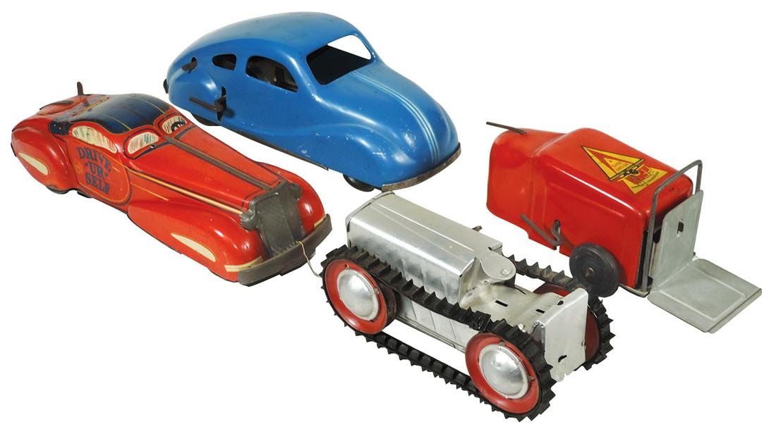 Toy Pressed Steel Windups (4), 3 Ny-Lint-coupe, tractor: Toy Pressed Steel Windups (4), 3 Ny-Lint-coupe, tractor & lift truck & a Marx "Drive ur self", all in Good to VG cond, springs tighten, mechanisms slow or partially working, largest 13.5"L.