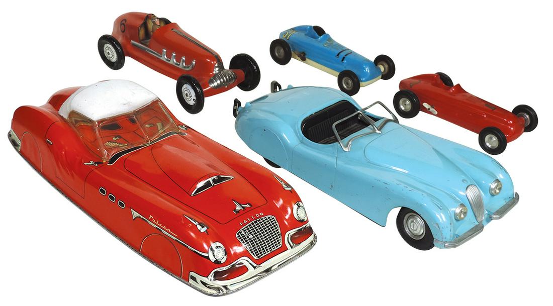 Toy Racers and Sport Cars (5), 1950's pressed steel: Toy Racers and Sport Cars (5), 1950's pressed steel Model toys-Jaguar, Marx, litho on tin Falcon, pressed steel Marx racer (repainted) & (2) Rite Stop plastic windup racers, Good-VG cond w/Jag steerin