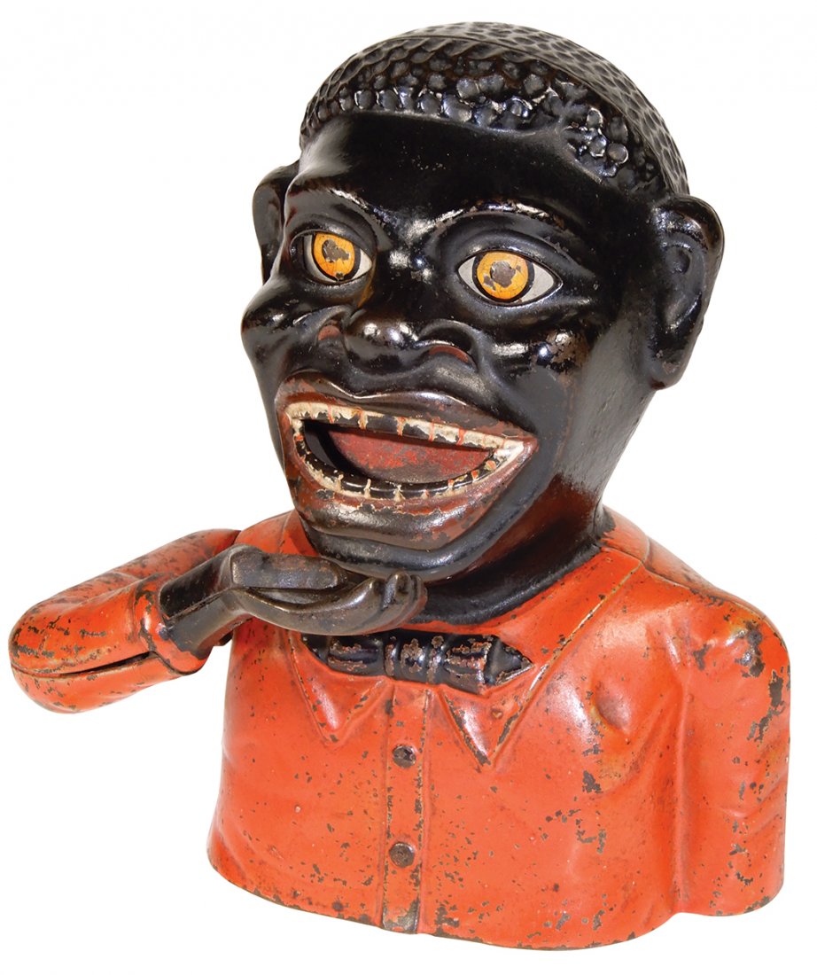 Mechanical Bank, "Jolly Nigger", mfgd by J.& E.: Mechanical Bank, "Jolly Nigger", mfgd by J.& E. Stevens, pat, 1882, cast iron w/orig paint, lever-operated arm & rolling eyes, Exc working cond w/some scattered areas of wear, 6.5"H x 5.5"W.