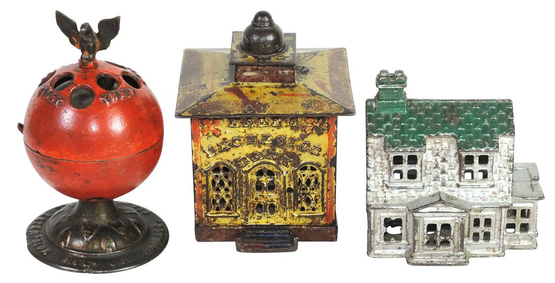 Cast Iron Banks (3), mechanical Hall: Cast Iron Banks (3), mechanical Hall's Excelsior, semi-mechanical Globe bell ringer by Enterprise Mfg. & house still banks, all early 1900's, all cast iron w/orig paint in VG cond, the Hall's missing 