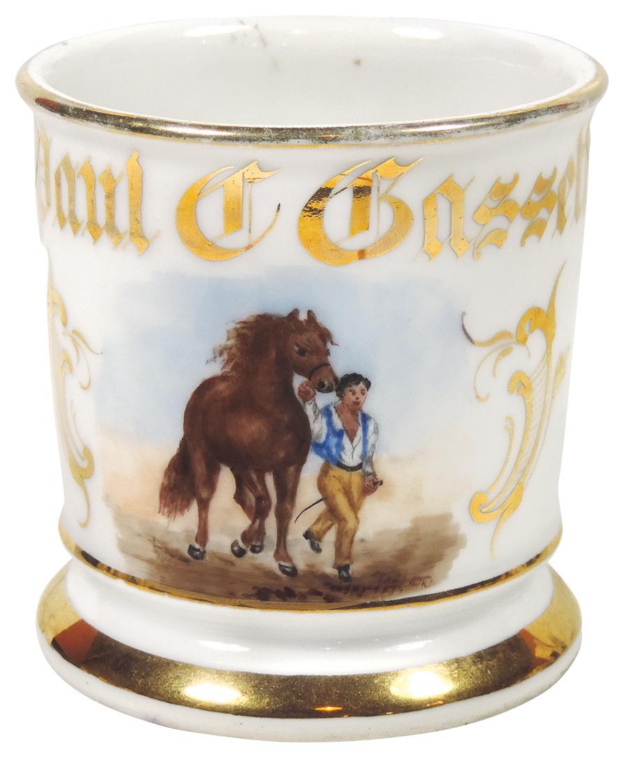 Occupational Shaving Mug, Horse Trainer, Boy Leading: Occupational Shaving Mug, Horse Trainer, Boy Leading Horse, bottom marked KPM Germany, personalized Paul C. Gassett, Exc to Near-Mint cond w/slight wear on upper gold band, 4"H.