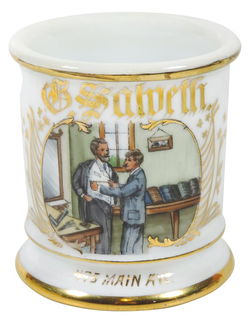 Occupational Shaving Mug, Tailor, bottom marked J&C: Occupational Shaving Mug, Tailor, bottom marked J&C Bavaria, personalized G. Salvetti-475 Main Ave., Near-Mint cond w/strong color, 3.75"H.