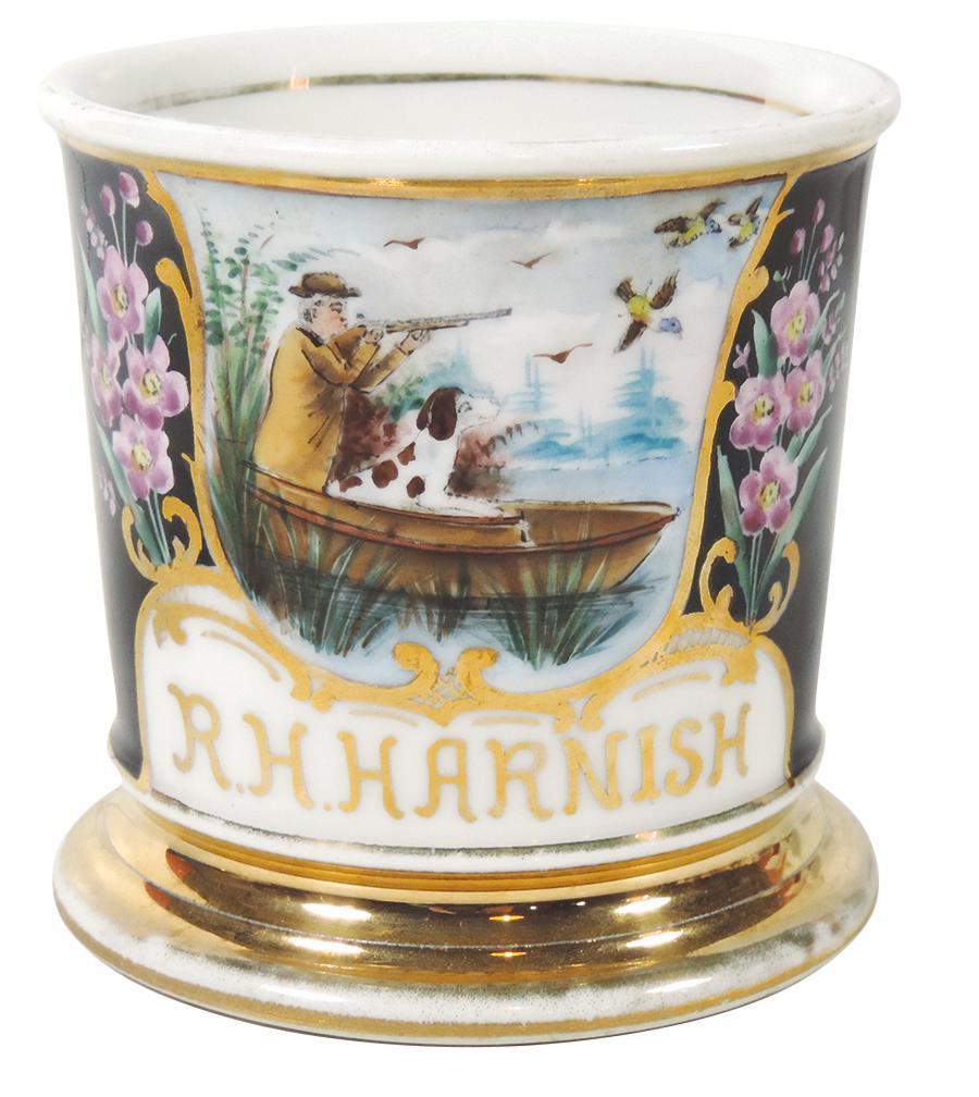 Occupational Shaving Mug, Duck Hunter, Man in Fishing: Occupational Shaving Mug, Duck Hunter, Man in Fishing Boat Hunting w/his Dog, bottom marked T&V Limoges France & artist P. Eisemann of Lancaster, PA, cobalt blue wrap, personalized R. H. Harnish, a be