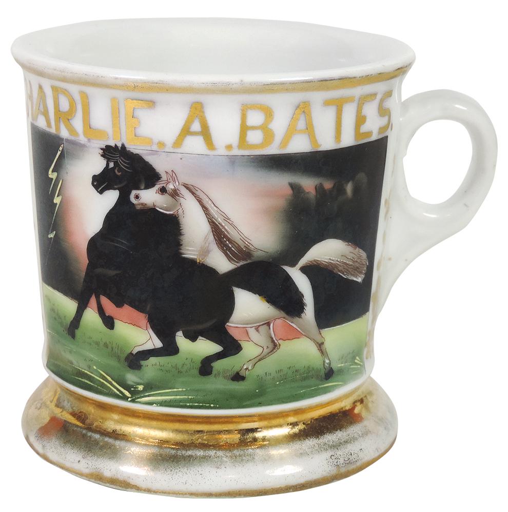 Occupational Shaving Mug, Horses in Storm, bottom: Occupational Shaving Mug, "Spirited Horses" in Storm, bottom marked Austria, personalized Charlie A. Bates, Exc cond w/some wear on gold bands, 3.75"H.