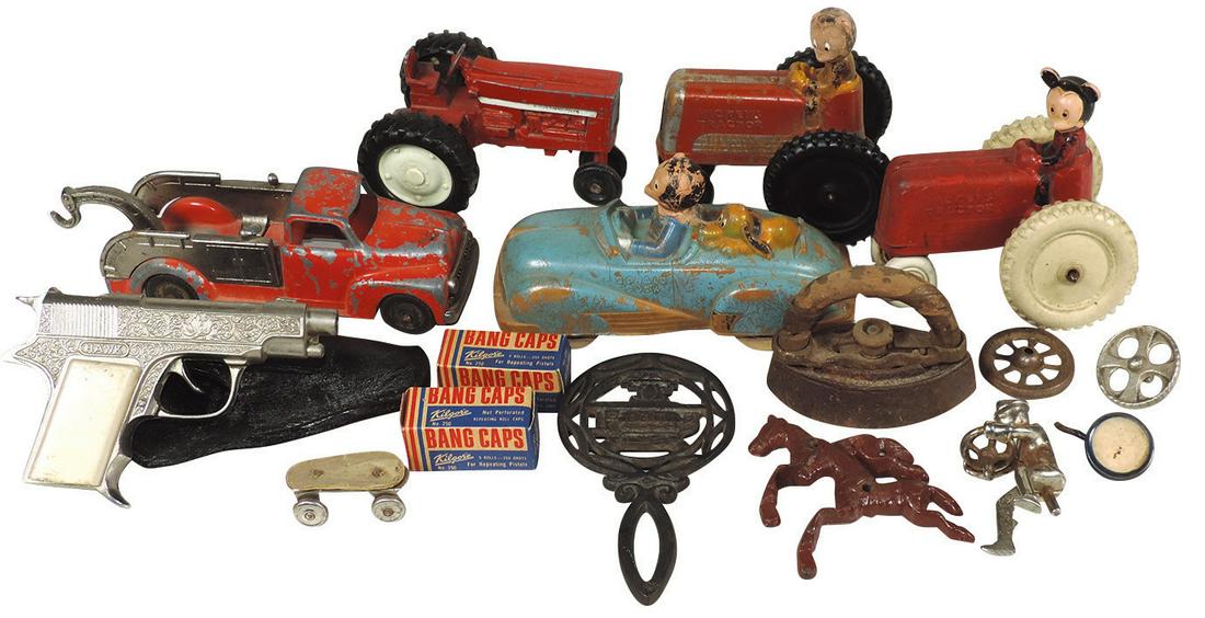 Toys (16), Mickey Mouse & others, 2 Sun Rubber: Toys (16), Mickey Mouse & others, 2 Sun Rubber tractors, Sun "Donald Duck" car, Hubley wrecker, Hawk cap gun & others, various conds w/signs of use or wear.