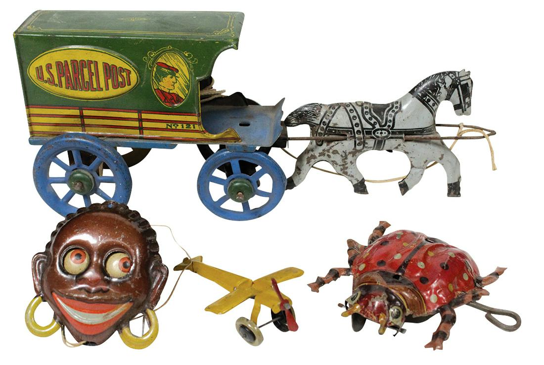 Toys (4), Non-Pariel U.S. Parcel Post delivery wagon,: Toys (4), Non-Pariel U.S. Parcel Post delivery wagon, windup beetle, black Google-eye string pull & an airplane penny toy, all litho on tin in VG or better cond, largest 9"L.