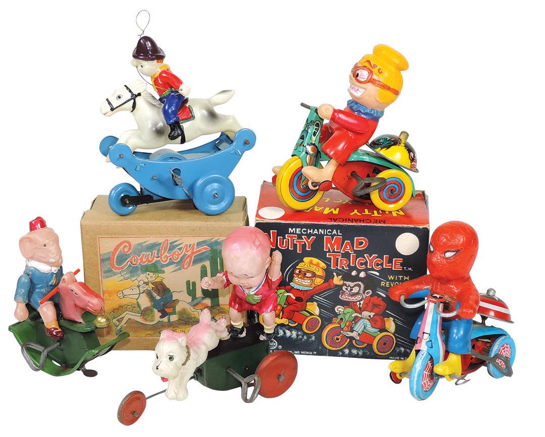 Toys (5), Celluloid Windups, Japan 1930: Toys (5), Celluloid Windups, Japan 1930's, 50's & 60's, Marx Nutty Mad Tricycle in box, Exc cond, noting loose hand, glued seat tab & box roughness, Occupied Japan "Cowboy" Rocking Horse, MIB, Marx Sp