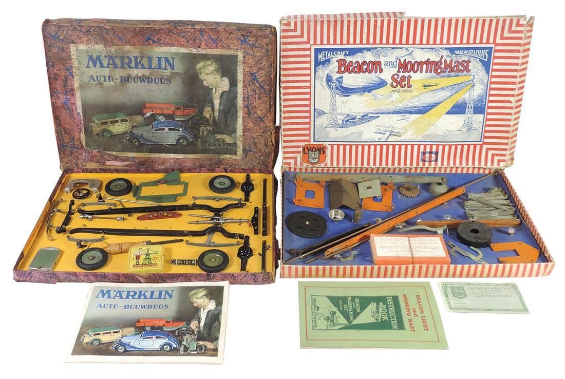 Toy Construction Sets (2), German Marklin Automobile: Toy Construction Sets (2), German Marklin Automobile Chassis Kit #1101C, c.1933, unassembled in orig box & Metalcraft "Beacon & Mooring Mast #959", unassembled in orig box, both contents appear comple