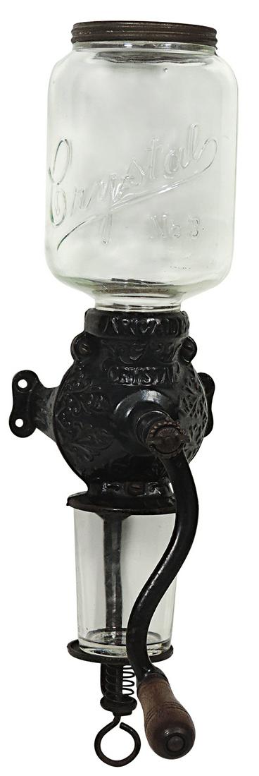 Coffee Grinder, Arcade "Crystal No. 2", cast iron &: Coffee Grinder, Arcade "Crystal No. 2", cast iron & embossed glass w/orig "Arcade" lid, wall mount, Exc cond, 19"L x 4.75"W x 8"D.