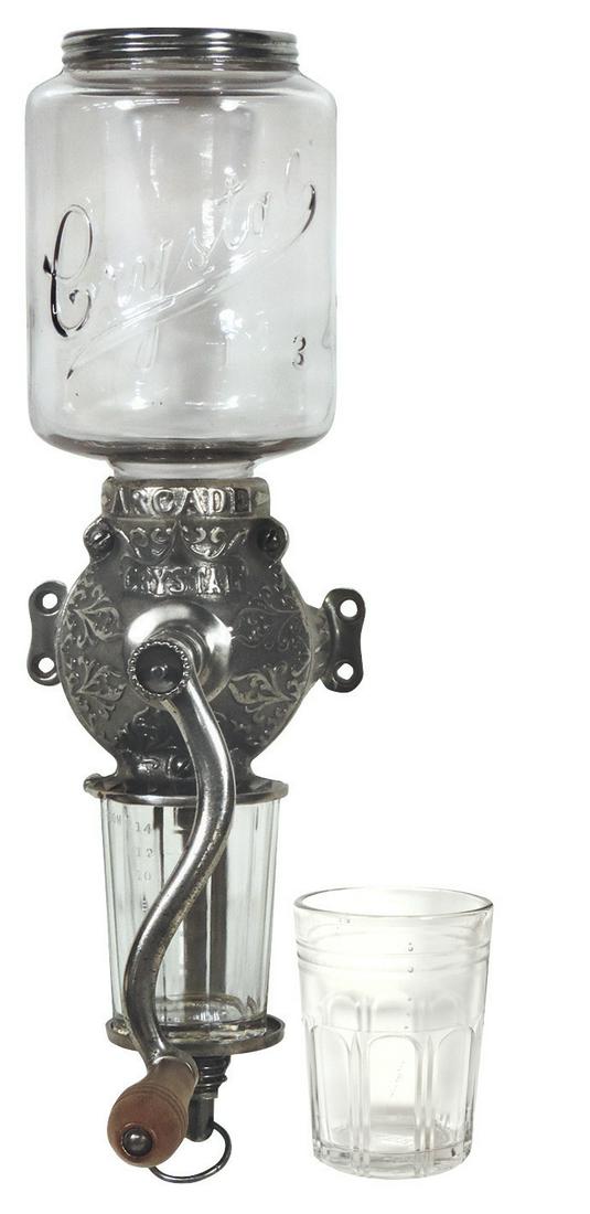 Coffee Grinder, Arcade "Crystal No. 3", nickel-plated: Coffee Grinder, Arcade "Crystal No. 3", nickel-plated cast iron w/embossed glass hopper & 2 Arcade glass catch cups, Exc to Near-Mint cond w/sun-toned hopper, 18"L x 4.5"W.