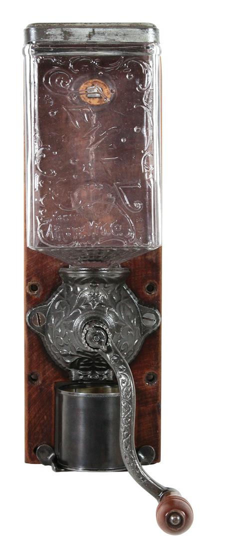 Coffee Grinder, Jewel, mfgd by Arcade, embossed glass,: Coffee Grinder, Jewel, mfgd by Arcade, embossed glass, wood & cast iron, replaced cup, Exc cond, 14"L x 4.5"W.
