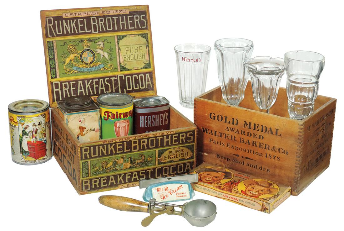 Soda Fountain Items (14), Runkel Bros. Cocoa wood box,: Soda Fountain Items (14), Runkel Bros. Cocoa wood box, Walter Baker wood chocolate box, nice Fairway Malted Milk tin, "Cowboy Pals" straws in box & 5 soda glasses-"Nestle's", ice cream scoop, etc., Go