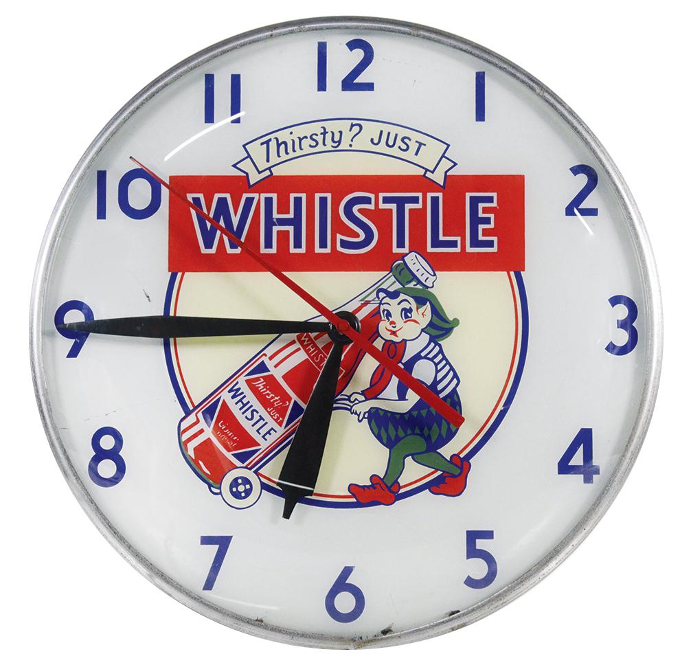 Soda Fountain Whistle Pam Clock, c.1950's: Soda Fountain Whistle Pam Clock, c.1950's reverse-painted dial w/bubble glass cover in aluminum case, VG working cond w/no-harm graphic shrinkage lines on back, 15"Dia.