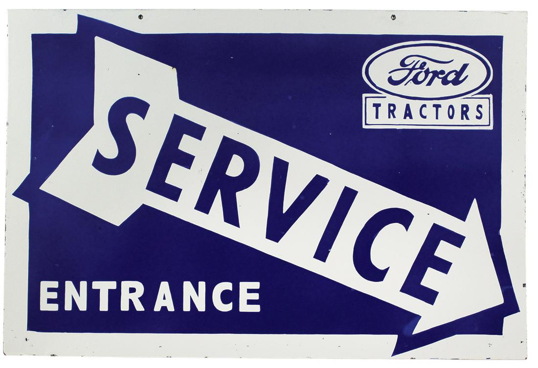 Farming Tractor Sign, Ford Tractors "Service" Entrance,: Farming Tractor Sign, Ford Tractors "Service" Entrance, DSP on steel, a later 20th Century remake of a classic old sign, aged w/purposed chips & weathering, VG to Exc cond, 24"H x 36"W.