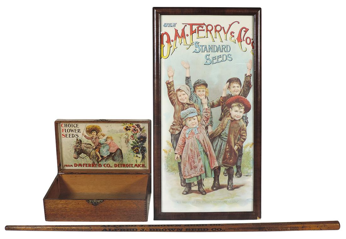 Country Store Seed Items (3), D.M. Ferry & Co. oak seed: Country Store Seed Items (3), D.M. Ferry & Co. oak seed box w/paper label, square Ferry yard stick & Ferry Seed framed litho reprint, VG cond, largest 25.5"H x 13.5"W & 36"L.