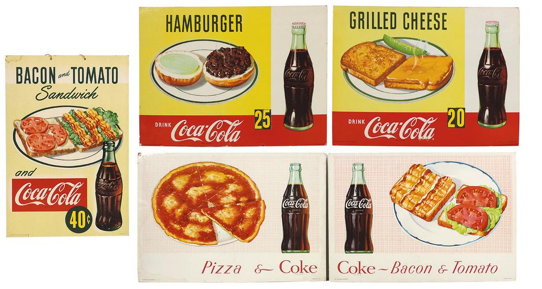 Coca-Cola Diner Display Cards (5), litho on cdbd: Coca-Cola Diner Display Cards (5), litho on cdbd showing various entrees available, 1950's, VG to Exc cond, largest 12"H x 17"W.