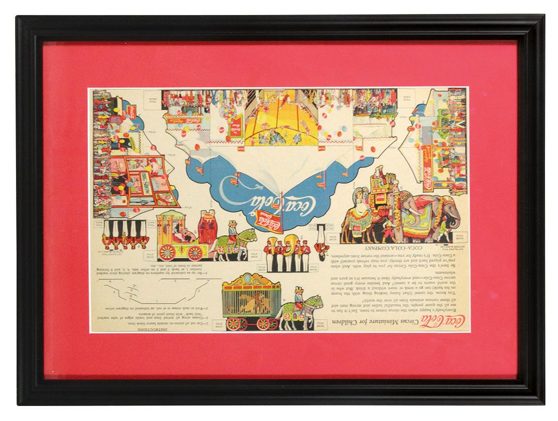 Coca-Cola Miniature Circus Lithos (2), 2 different 1927: Coca-Cola Miniature Circus Lithos (2), 2 different 1927 framed uncut sheets, Exc cond, 15"H x 20.5"W.