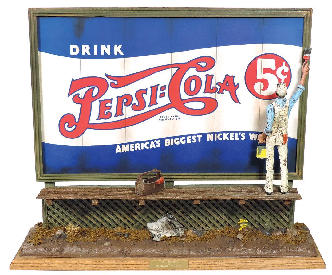 Pepsi-Cola Miniature Billboard by Michael Garmin,: Pepsi-Cola Miniature Billboard by Michael Garmin, 1980's retired series, depicts a roadside billboard & painter in detailed 1:6 scale by noted Colorado Springs sculpture, signed on base w/engraved pla