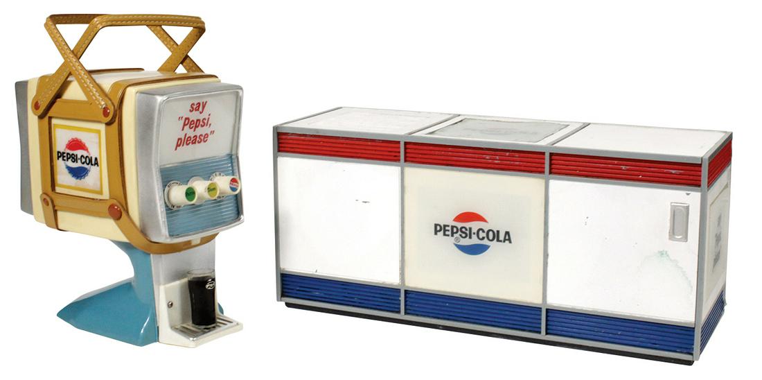 Pepsi-Cola Radios (2), 1960: Pepsi-Cola Radios (2), 1960's, AC table top chest cooler (working) & transistor battery dispenser (untested), both VG cond, larger 12.25"L.