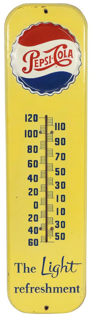 Pepsi-Cola Thermometer, 1955, litho on metal w/embossed: Pepsi-Cola Thermometer, 1955, litho on metal w/embossed bottle cap logo, thermometer intact, VG to Exc cond w/some color fade & minor chipping at mounting holes, 27"H x 7"W.
