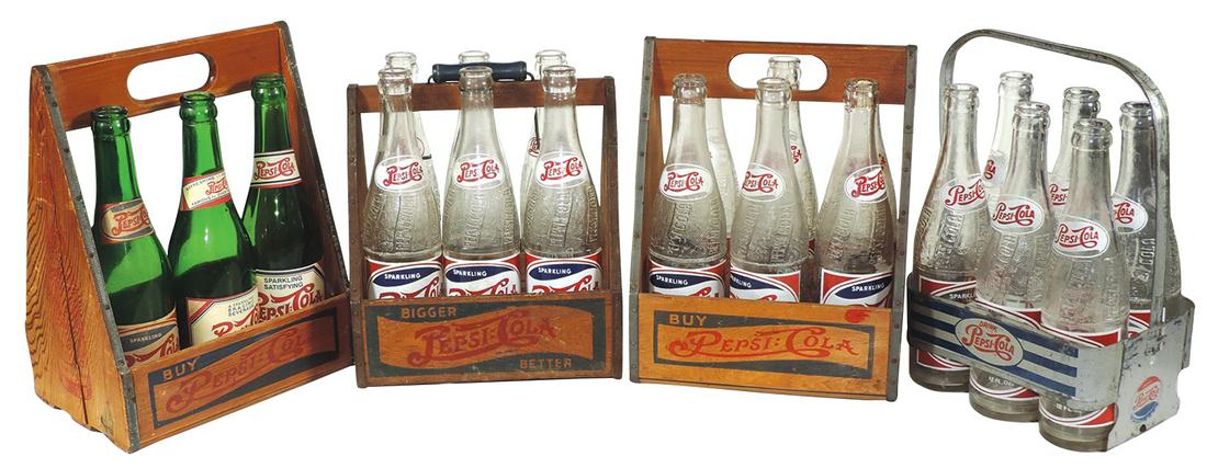 Pepsi-Cola Carriers & Bottles (25), 3 A-frame wood six: Pepsi-Cola Carriers & Bottles (25), 3 A-frame wood six pack carriers, 2 w/cutout hand holds, 1 w/bail handle & an aluminum carrier, plus an assortment of 21 period bottles, most in VG cond w/typical s