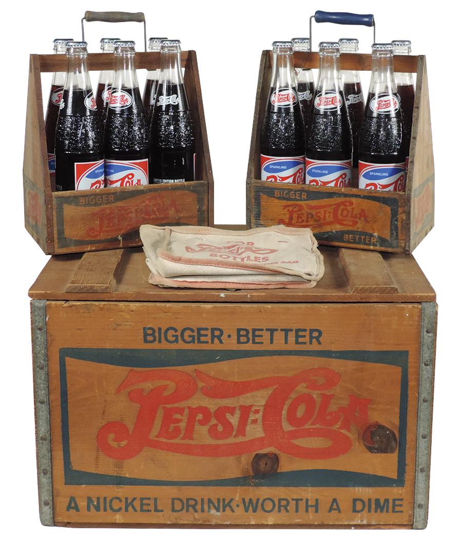 Pepsi-Cola Items (16), embossed wood & metal banded 12: Pepsi-Cola Items (16), embossed wood & metal banded 12 bottle lidded crate from Gideon-Anderson-MO, 2 wooden 6 pack carriers w/later bottles & contents & a red printed canvas Take Home bag, VG to Exc