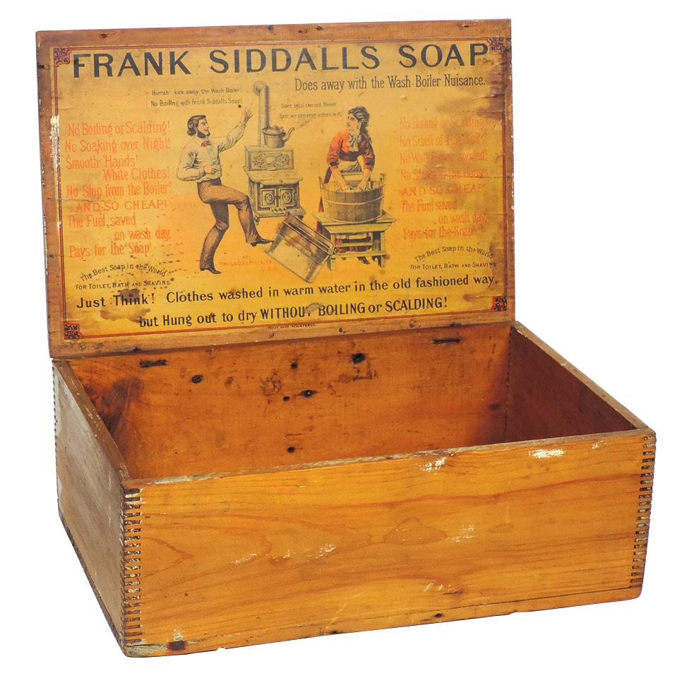 Country Store Advertising Items (8), F. Siddalls Soap: Country Store Advertising Items (8), F. Siddalls Soap box, wood w/paper label, framed Jello magazine cut, Lux placard, Butter-Nut Bread diecut, Home insurance 1894 calendar, recipe books & Crescent Fl
