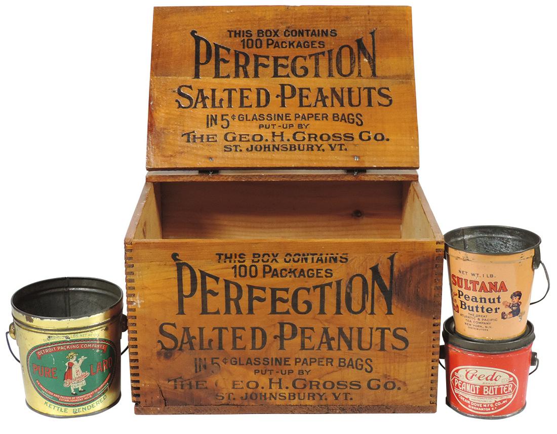 Country Store Box & Tin Pails (4), Perfection Salted: Country Store Box & Tin Pails (4), Perfection Salted Peanuts dovetailed box, Credo Peanut Butter, Sultana Peanut Butter & Best Maid Pure Lard tin pails, VG cond, lids absent on latter two, largest 13"