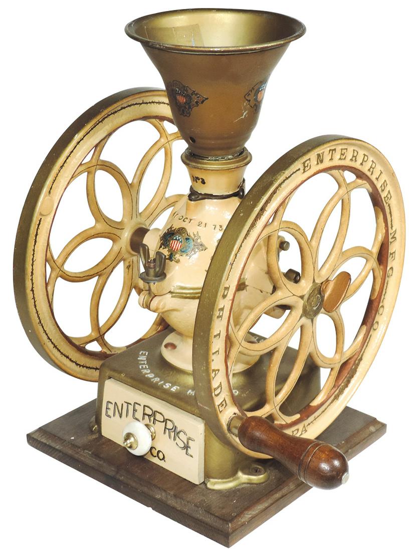 Country Store Coffee Grinder, Enterprise No. 3, cast: Country Store Coffee Grinder, Enterprise No. 3, cast iron countertop model w/ornate custom finish, VG cond w/replaced hopper & wood drawer, 14"H x 13"W x 11"D.