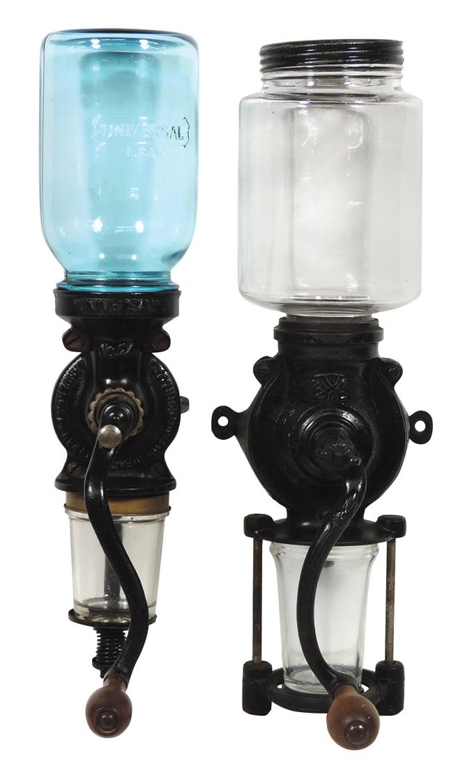 Coffee Grinders (2), cast iron & glass "Parker No. 446": Coffee Grinders (2), cast iron & glass "Parker No. 446" & "Universal No. 24", both VG cond, larger 16"L x 5"W x 8"D.