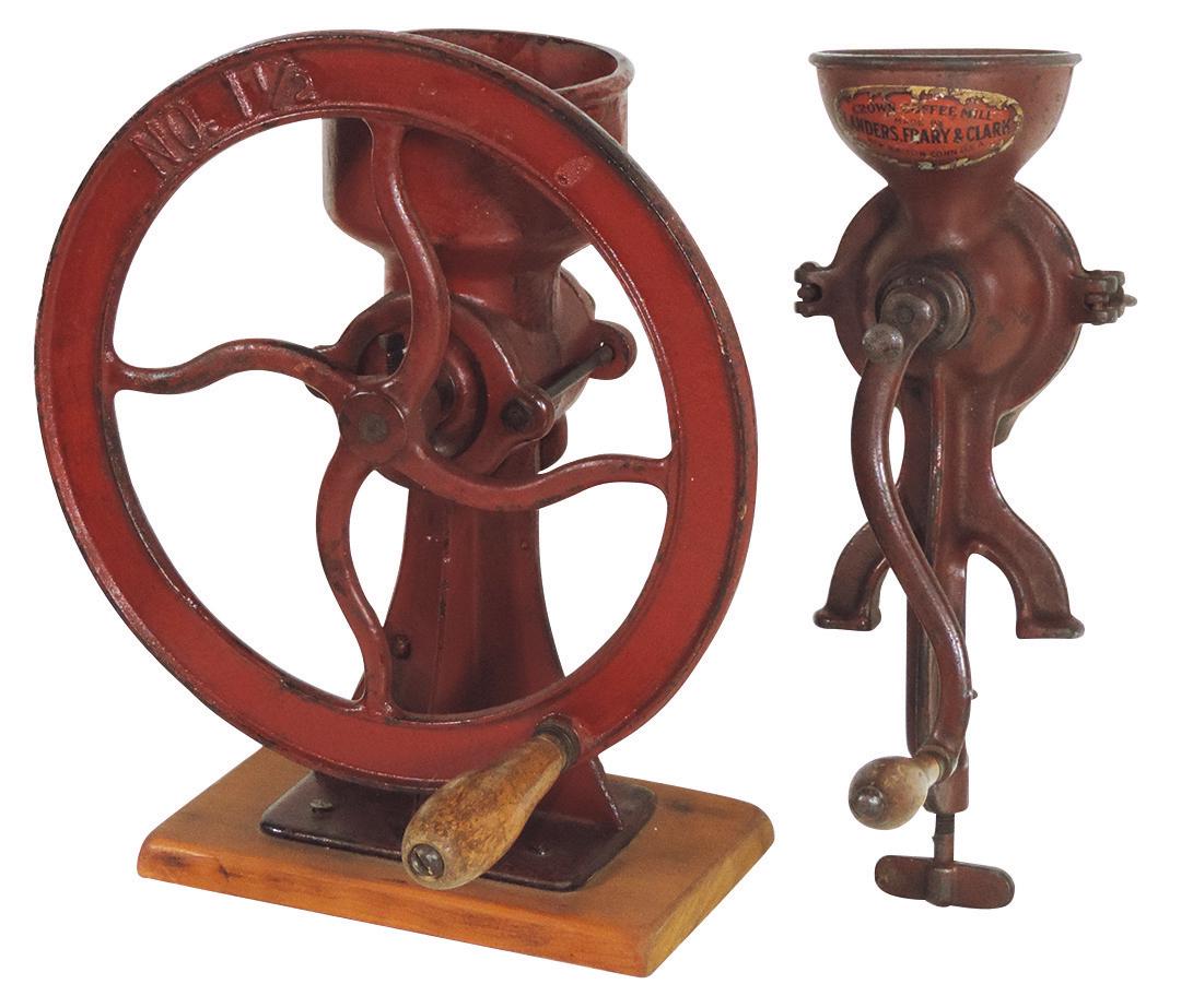 Coffee Grinders (2), unbranded counter top No. 1½ &: Coffee Grinders (2), unbranded counter top No. 1½ & table mounted "Crown" by Landers, Frary & Clark, both VG cond, up to 14"H x 11"W x 12"D.